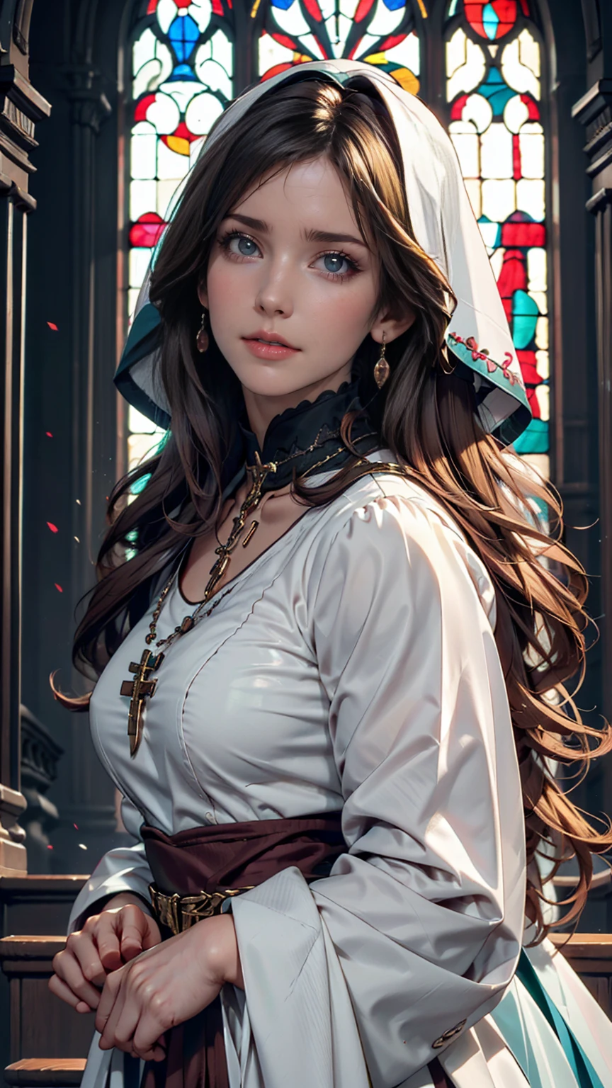 1 person, green top, Dark brown hair, Stained glass, Vibrant colors, masterpiece, Highest quality, Detailed eyes, Detailed lips, Detailed clothing, (Iris: 1.2), Very realistic face,、Nuns、Wear a rosary around your neck、Pray to God with folded fingers、Cowboy Shot