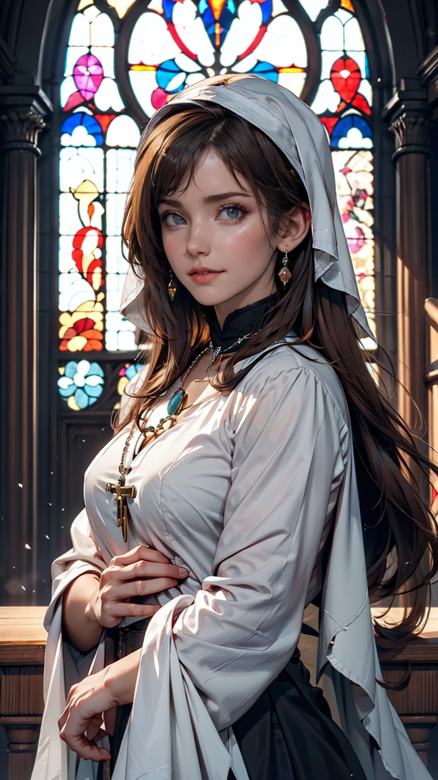 1 person, green top, Dark brown hair, Stained glass, Vibrant colors, masterpiece, Highest quality, Detailed eyes, Detailed lips, Detailed clothing, (Iris: 1.2), Very realistic face,、Nuns、Wear a rosary around your neck、Pray to God with folded fingers、Cowboy Shot