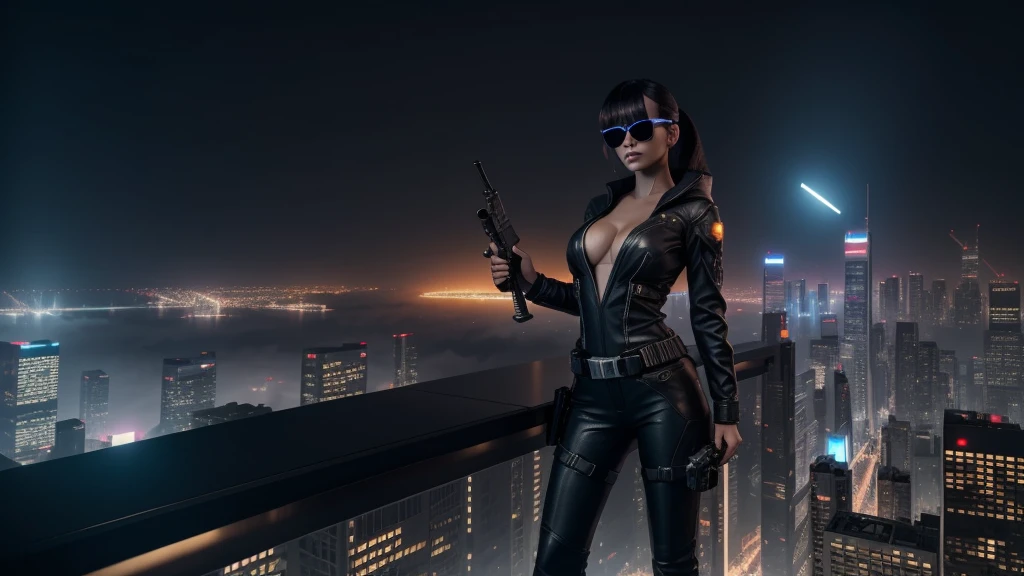 aerial view of cyberpunk futuristic city at night, flying vehicle. (((1girl, solo, alone))), large-breast:1.2 slim:0.6 body, slim face, cleavage:1.1, sexy jacket, (black sunglasses), (((holding a pistol))), dynamic pose, ((half-body thigh:1.1 level medium shot)), mysterious fog, cinematic lighting, ray tracing.