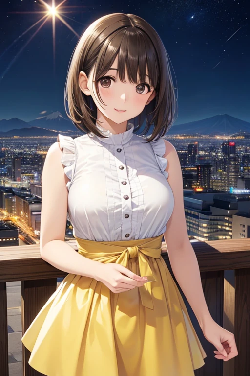 anegasaki nene、Shiny brown hair, short hair, (Beautiful brown eyes、Sparkling eyes, Fine grain)、smile、Ultra-detailed eyes、Highly detailed face, Highly detailed eyes,


(Highest quality, Realistic:1.2), Amazing eyes, Captivating glowing eyes, Yellow sleeveless long dress,

masterpiece, Highest quality, High resolution, Anime Style, 
Are standing, Observation deck where you can see Mt. Fuji