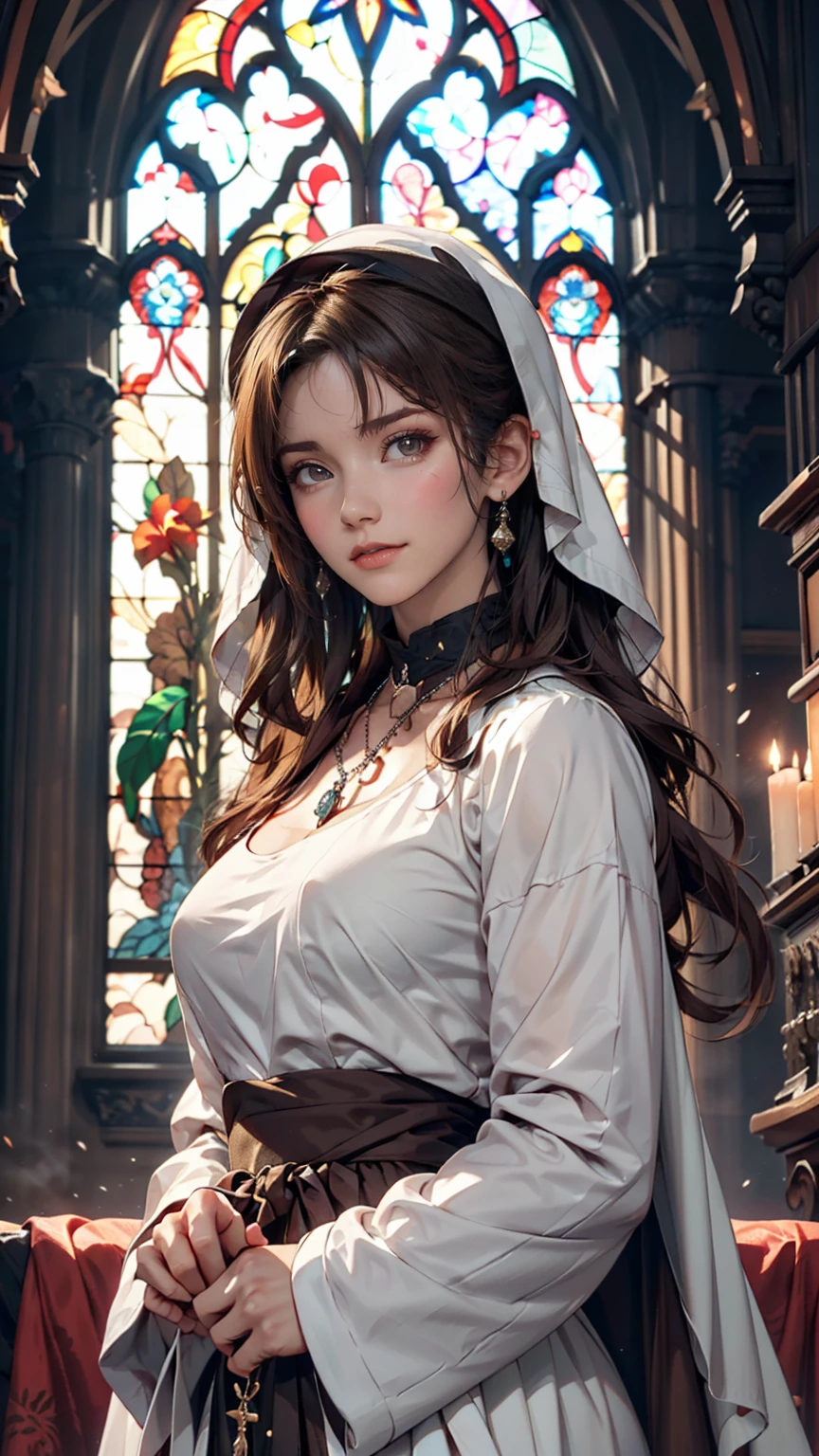 1 person, green top, Dark brown hair, Stained glass, Vibrant colors, masterpiece, Highest quality, Detailed eyes, Detailed lips, Detailed clothing, (Iris: 1.2), Very realistic face,、Nuns、Wear a rosary around your neck、Pray to God with folded fingers、Cowboy Shot