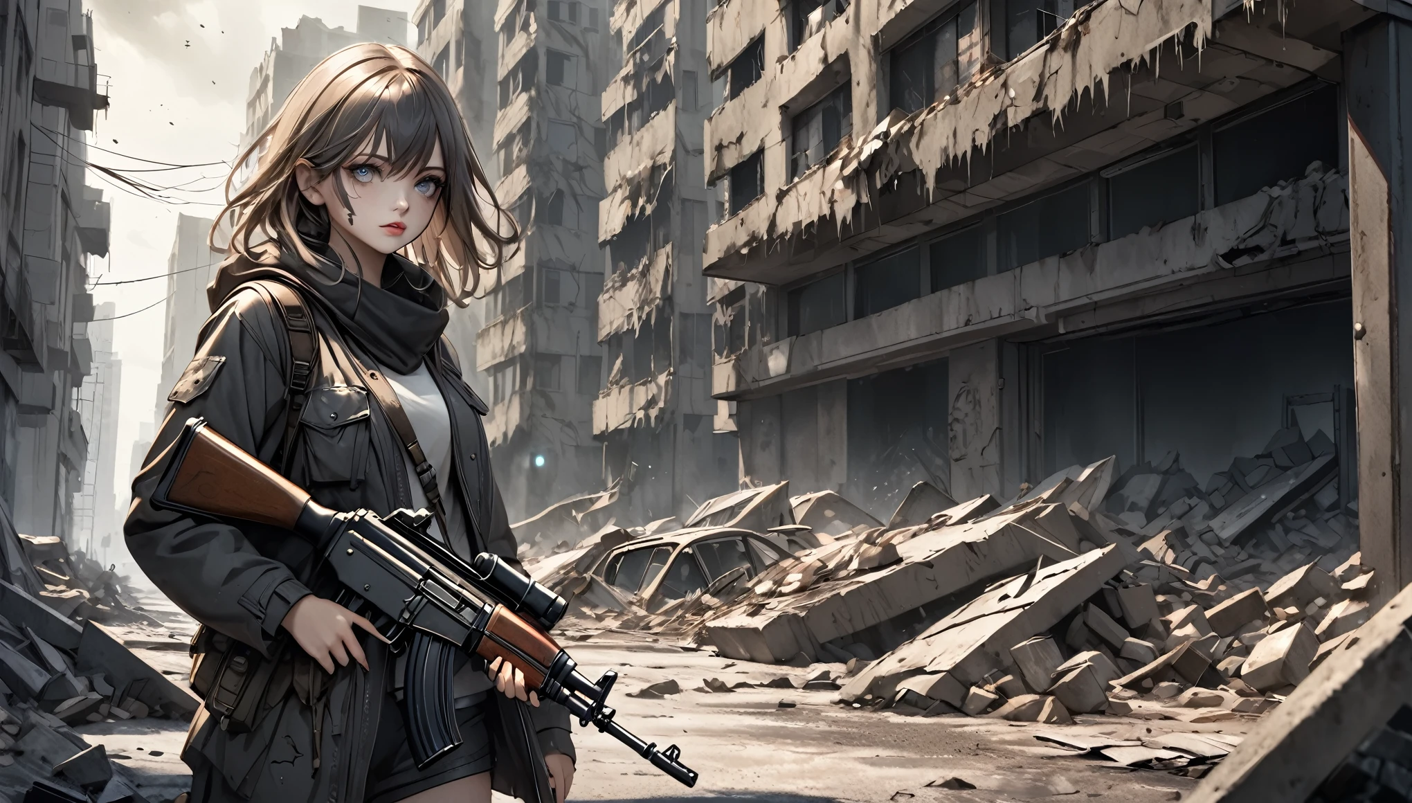 A girl in a post-apocalyptic setting, tattered clothing, holding an AK-47 assault rifle, detailed face, beautiful detailed eyes, beautiful detailed lips, extremely detailed eyes and face, long eyelashes, post-apocalyptic environment, ruined city, debris, gritty, dystopian, moody lighting, dramatic shadows, muted color palette, cinematic composition, best quality, 8k, highres, masterpiece, photorealistic, professional, vivid colors