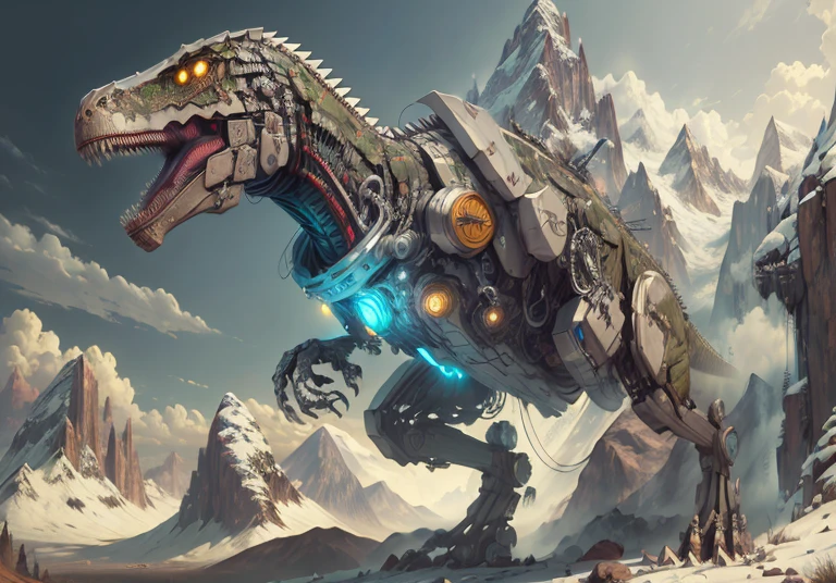 ((best quality)), ((masterpiece)), (detailed), absurdres, ultra high res, Mech4nim4lAI [t-rex :robot:.2 : cyborg:.2], with mountain background