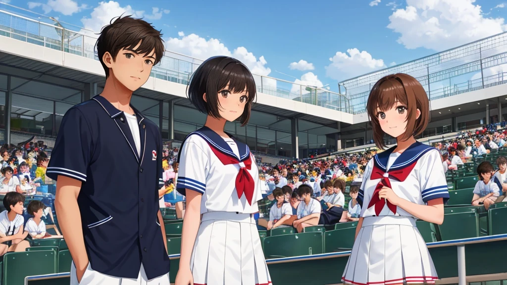 The background is the seats at an outdoor baseball stadium in midsummer.、A high school girl and a high school boy wearing summer sailor uniforms２Upper body shot of a group of people。The first woman has light brown hair.、The bangs are cut straight。The second man is tall with short black hair and is a male student but is wearing a female student&#39;s summer sailor uniform.。The two of them are smiling and making cute poses.