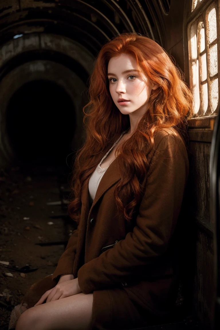 beautiful redhead with wavy hair in a realistic full contrast abandoned train tunnel