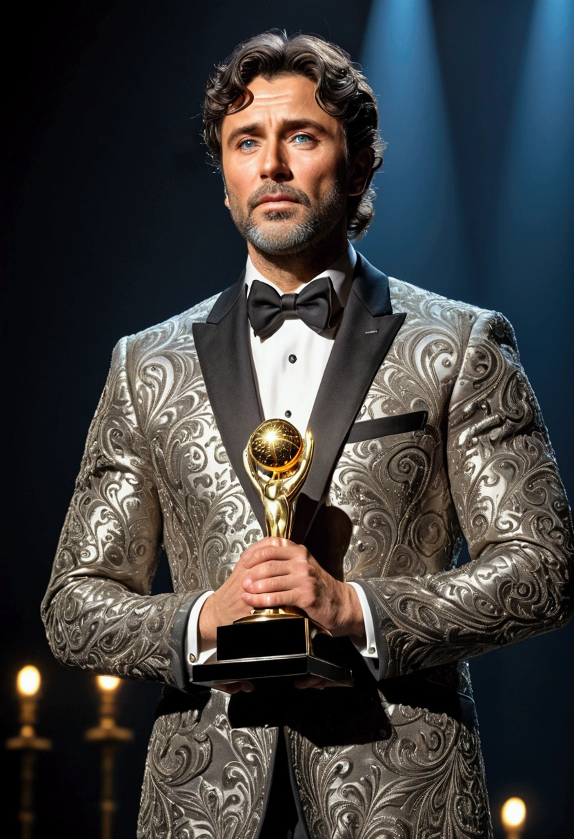 (Award-Winning Moment), the slanting spotlight illuminated the excited figure of the winner. Warm orange tones create a warm and exciting atmosphere. The winner's hands are shaking slightly, the elongated shadow behind him adds to the drama of the picture, full body, award-winning, cinematic still, emotional, vignette, dynamic, vivid, (masterpiece, best quality, photorealistic, Professional, perfect composition, very aesthetic, absurdres, ultra-detailed, intricate details:1.3)