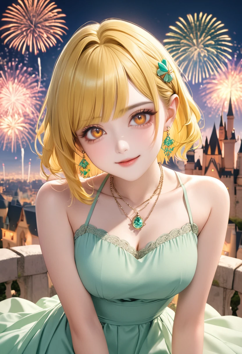 1 female　Short yellow hair　Yellow eyebrows　Orange eyes　society　Pastel green long dress　Castle and fireworks　Hair clip　Earrings and matching necklace