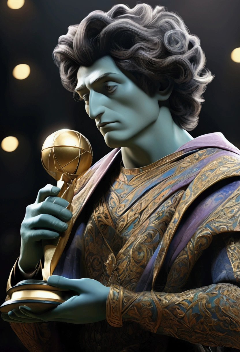 (Award-Winning Moment, holding prize), on the quiet and solemn stage, a soft light illuminated half of the winner's face, with tears in his eyes, holding up the award, full body, award-winning, cinematic still, emotional, vignette, dynamic, vivid, (masterpiece, best quality, photorealistic, Professional, perfect composition, very aesthetic, absurdres, ultra-detailed, intricate details:1.3)