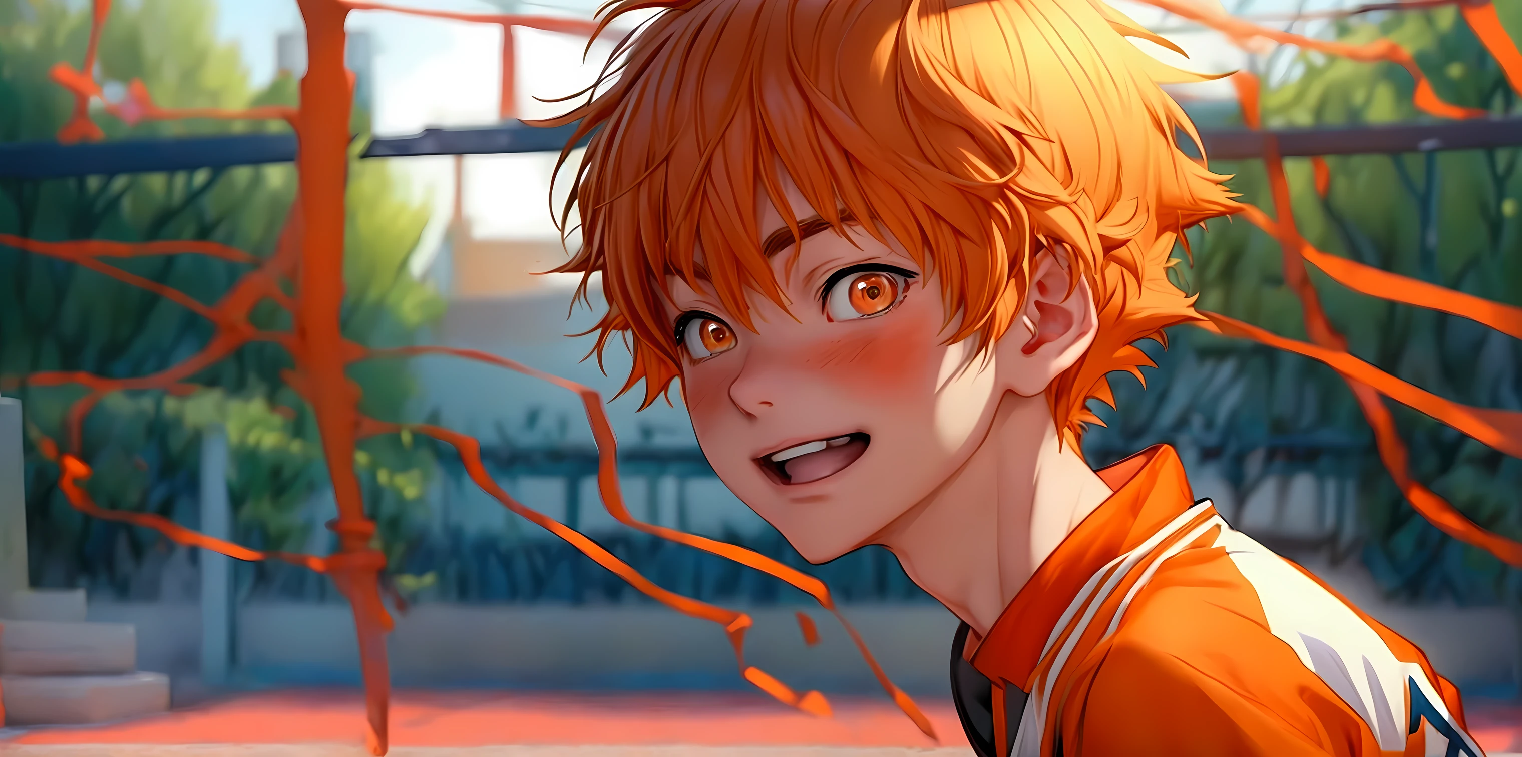 (Very realistic, concentrate、High resolution, Detailed face, Detailed Hair,fine grain)，Official Art，8k wallpaper，orange uniform, sport uniform ，((One boy)), Shorthair 、Light orange eyes、happy, Trendy clothing，sneakers，whole body，Hands hang down naturally，bright smile,orange hair color, Japanese anime style, anime volleyball boy, fluffy hair, boy 15 year old,cute boy