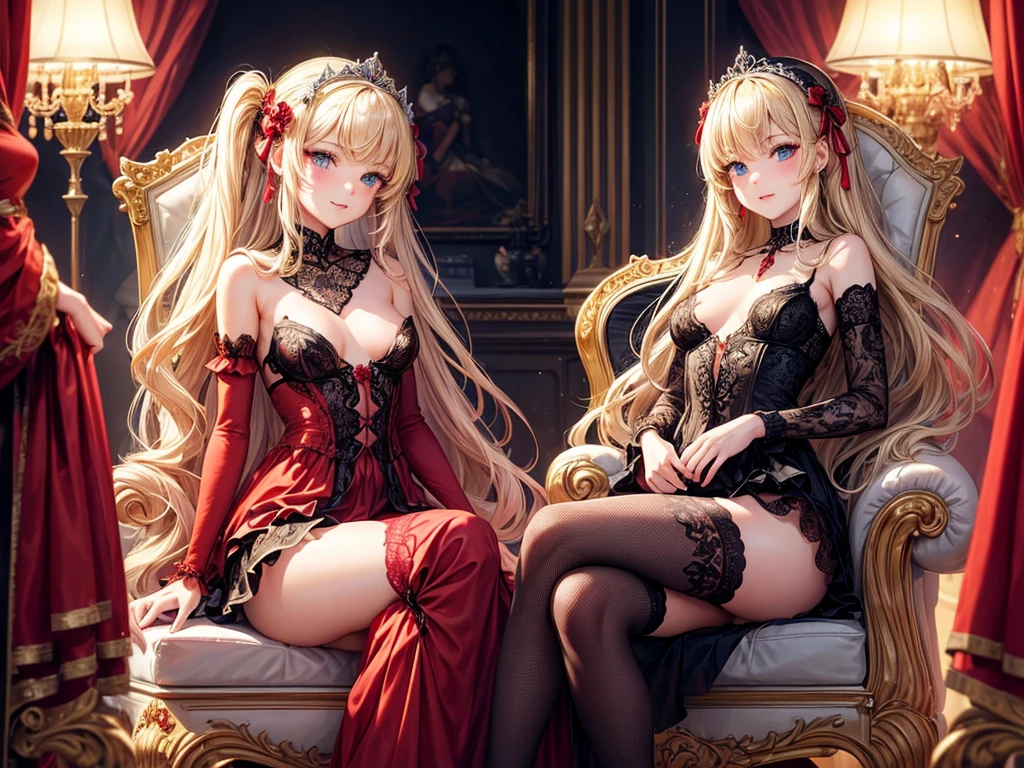 (((top-quality, masterpiece))), (best quality), (detailed), light layer, depict young girl, age girl, happy, smiling, red lipstick, highly detailed beautiful face, delicate girl, delicate face, beautiful face, blonde straight hair, deep blue eyes, (((small breasts))), nice hips, flat belly, slim waist, defined chest, defined collarbone, ultra realistic, photorealistic, detailed, ,Enhance, ((sofisticate red lace pretty princess dress)), deep clivage dress, frills and ribbons, black lace stocking, lace gloves, golden tiara, jewelery, white spotlight, (sitting in a luxurious throne), cinematic shadow, extremely detailed and beautiful background, warming atmosphere, others beautifull girls are dancing around her