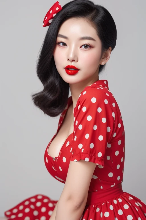 1952, ((1 korean woman)), big breasts, strikingly beautiful, delicate facial features, porcelain skin, expressive eyes, black hair, red lips, sexy, alluring pin-up girl in red dress with big polka dots, pin-up hairstyle, blowing air kiss, slim waist, big breasts, juicy lips, professional photo, photorealistic, white background