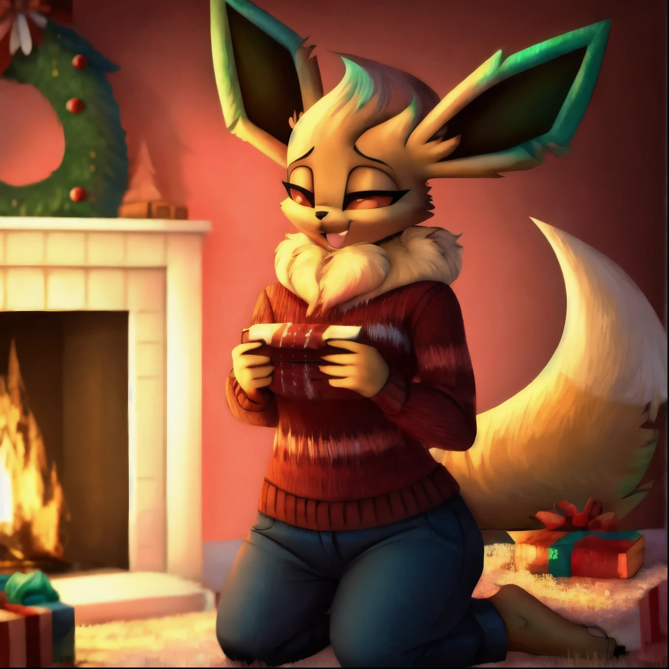 (high quality, masterpiece, high res:1.3)
Eevee, Leafeon, anthro, adult, 2girls, pants, female, furry, christmas, happy, standing, christmas tree, presents, fireplace, large gift, large present, holding present, exchanging gifts, arms out, chirstmas sweater, festive, paws, holiday spirit, adorable, full body, side view