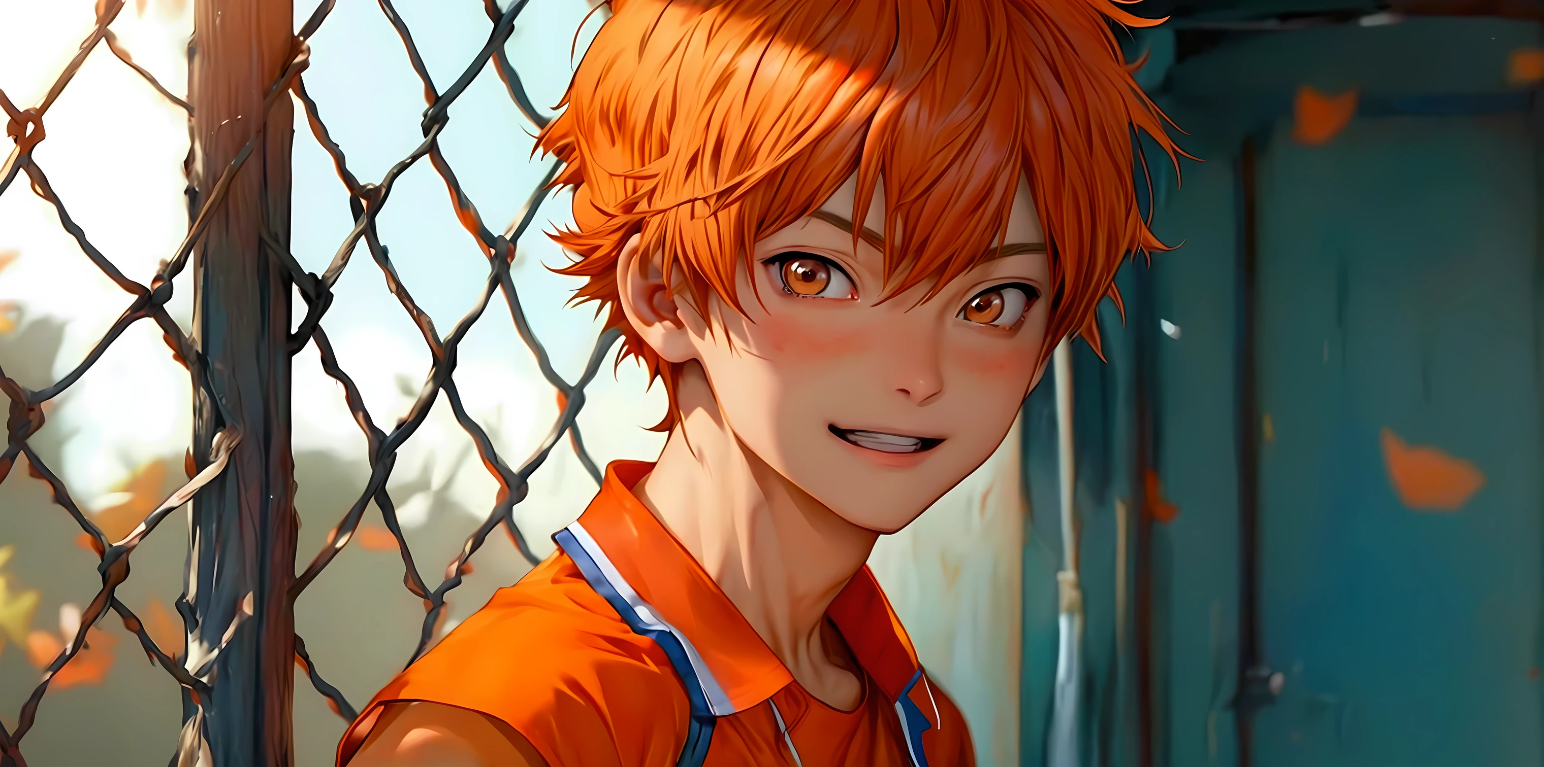 (Very realistic, concentrate、High resolution, Detailed face, Detailed Hair,fine grain)，Official Art，8k wallpaper，orange uniform, sport uniform ，((One boy)), Shorthair 、Light orange eyes、happy, Trendy clothing，sneakers，whole body，Hands hang down naturally，bright smile,orange hair color, Japanese anime style, anime volleyball boy, fluffy hair, boy 15 year old,cute boy