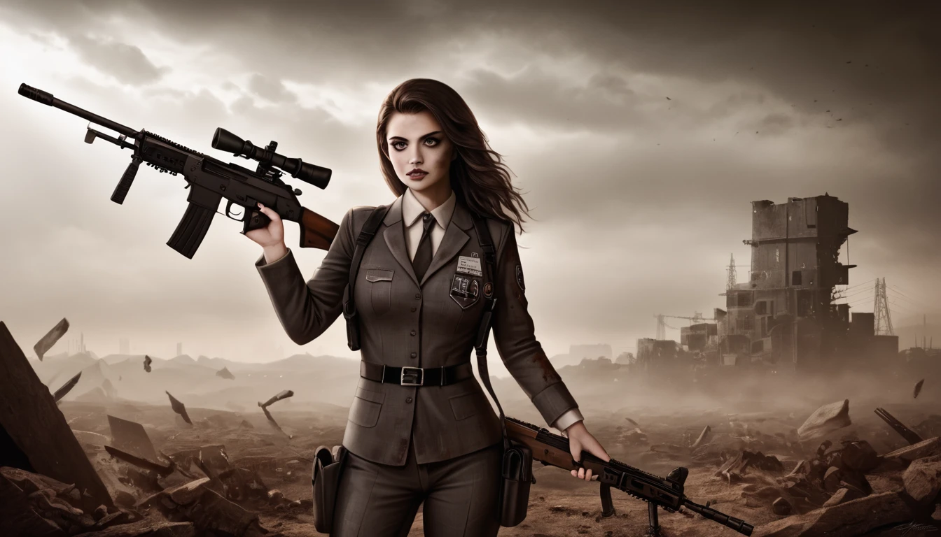A girl in a post-apocalyptic setting, tattered clothing, holding an AK-47 assault rifle, detailed face, beautiful detailed eyes, beautiful detailed lips, extremely detailed eyes and face, long eyelashes, post-apocalyptic environment, ruined city, debris, gritty, dystopian, moody lighting, dramatic shadows, muted color palette, cinematic composition, best quality, 8k, highres, masterpiece, photorealistic, professional, vivid colors