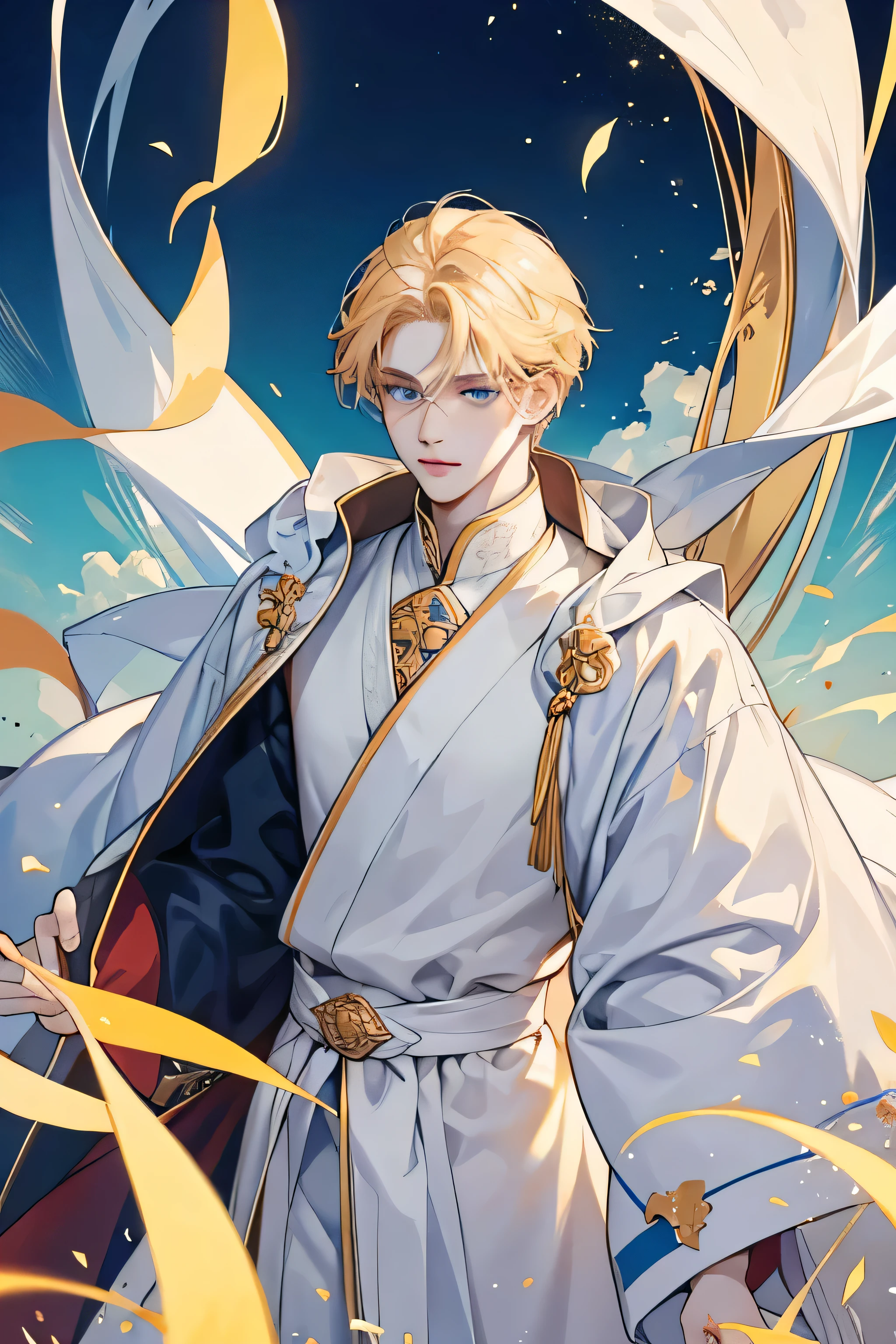 Prince, golden hair, sea blue eyes, white skin, looks kind-hearted, like a monk, 190 cm tall.