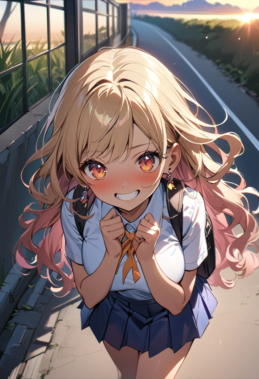 1 girl, Japanese Girls, Long Hair, Blonde, Wavy Hair, mascara, Sunburn, Dark Skin, Double teeth, tooth, Earrings,
break warm smile, Holding a backpack with both hands, Recall,
break (masterpiece), (High resolution 8k), Detailed eyes and face, Detailed body,
break white short sleeve shirt, bow tie, Navy Skirt, Pleated skirt, At dusk, sunset, on the road, Shooting from above,
break A high school girl walking home from school in the evening, with the sky painted in sunset colors. She is wearing summer clothes、Hold your backpack in front of you with both hands. This scene captures the moment she turns around and smiles.。.