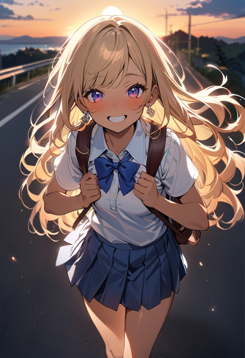 1 girl, Japanese Girls, Long Hair, Blonde, Wavy Hair, mascara, Sunburn, Dark Skin, Double teeth, tooth, Earrings,
break warm smile, Holding a backpack with both hands, Recall,
break (masterpiece), (High resolution 8k), Detailed eyes and face, Detailed body,
break white short sleeve shirt, bow tie, Navy Skirt, Pleated skirt, At dusk, sunset, on the road, Shooting from above,
break A high school girl walking home from school in the evening, with the sky painted in sunset colors. She is wearing summer clothes、Hold your backpack in front of you with both hands. This scene captures the moment she turns around and smiles.。.