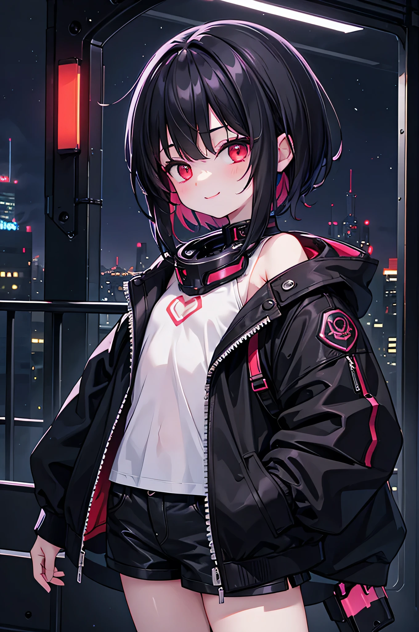 (masterpiece), cyber punk, city, night, Neon Light, city lights, One girl, Black hair, white base with red inner, short hair,Red Eye,hair ornaments,Around 16 years old,smile,He has taken off his jacket and is exposing his shoulders.