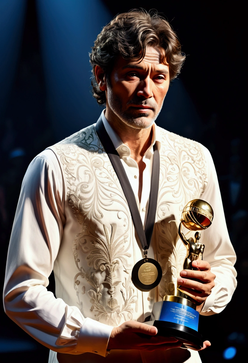 (Award-Winning Moment), the slanting spotlight illuminated the excited figure of the winner. Warm orange tones create a warm and exciting atmosphere. The winner's hands are shaking slightly, the elongated shadow behind him adds to the drama of the picture, full body, award-winning, cinematic still, emotional, vignette, dynamic, vivid, (masterpiece, best quality, photorealistic, Professional, perfect composition, very aesthetic, absurdres, ultra-detailed, intricate details:1.3)