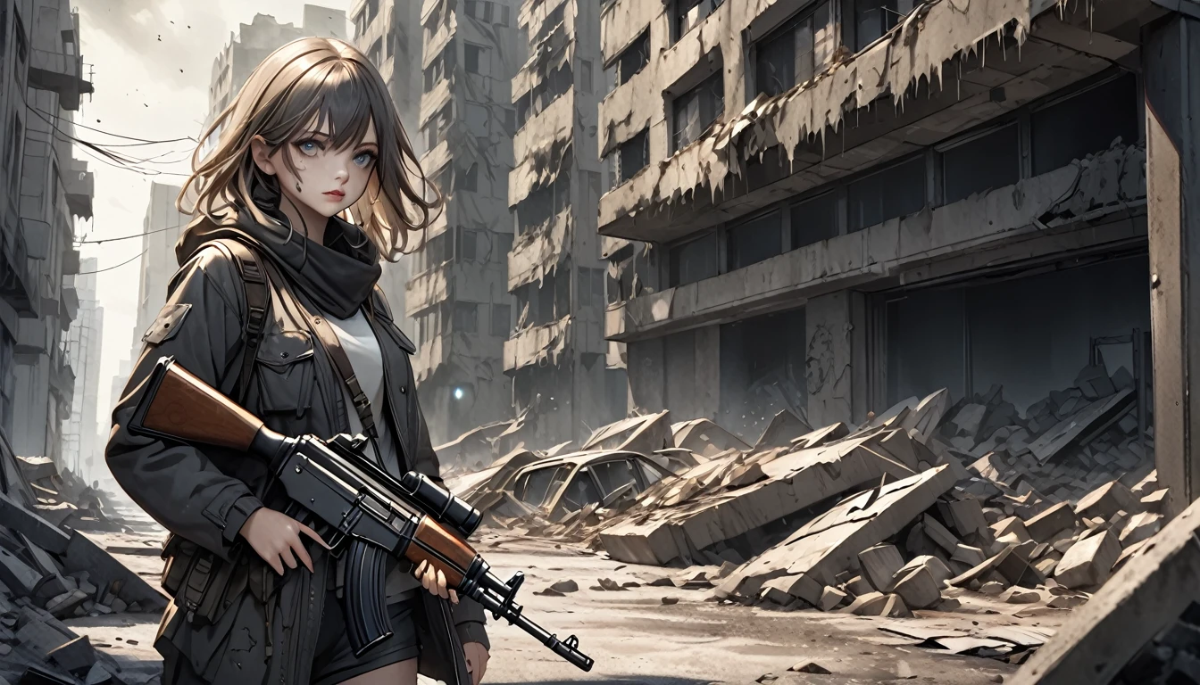 A girl in a post-apocalyptic setting, tattered clothing, holding an AK-47 assault rifle, detailed face, beautiful detailed eyes, beautiful detailed lips, extremely detailed eyes and face, long eyelashes, post-apocalyptic environment, ruined city, debris, gritty, dystopian, moody lighting, dramatic shadows, muted color palette, cinematic composition, best quality, 8k, highres, masterpiece, photorealistic, professional, vivid colors