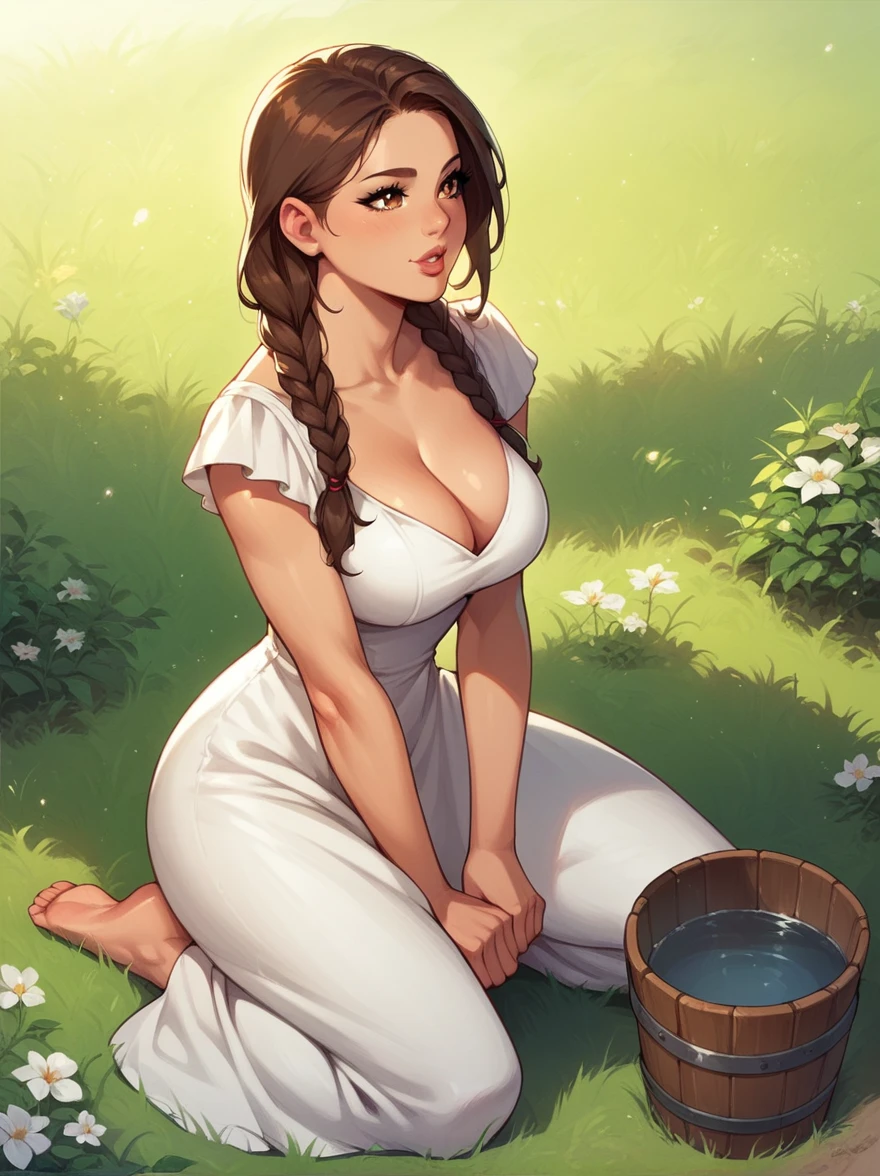 1girl, barefoot, braid, breasts, brown eyes, brown hair, bucket, cleavage, dress, grass, large breasts, legs, lips, long hair, outdoors, solo, twin braids, white dress