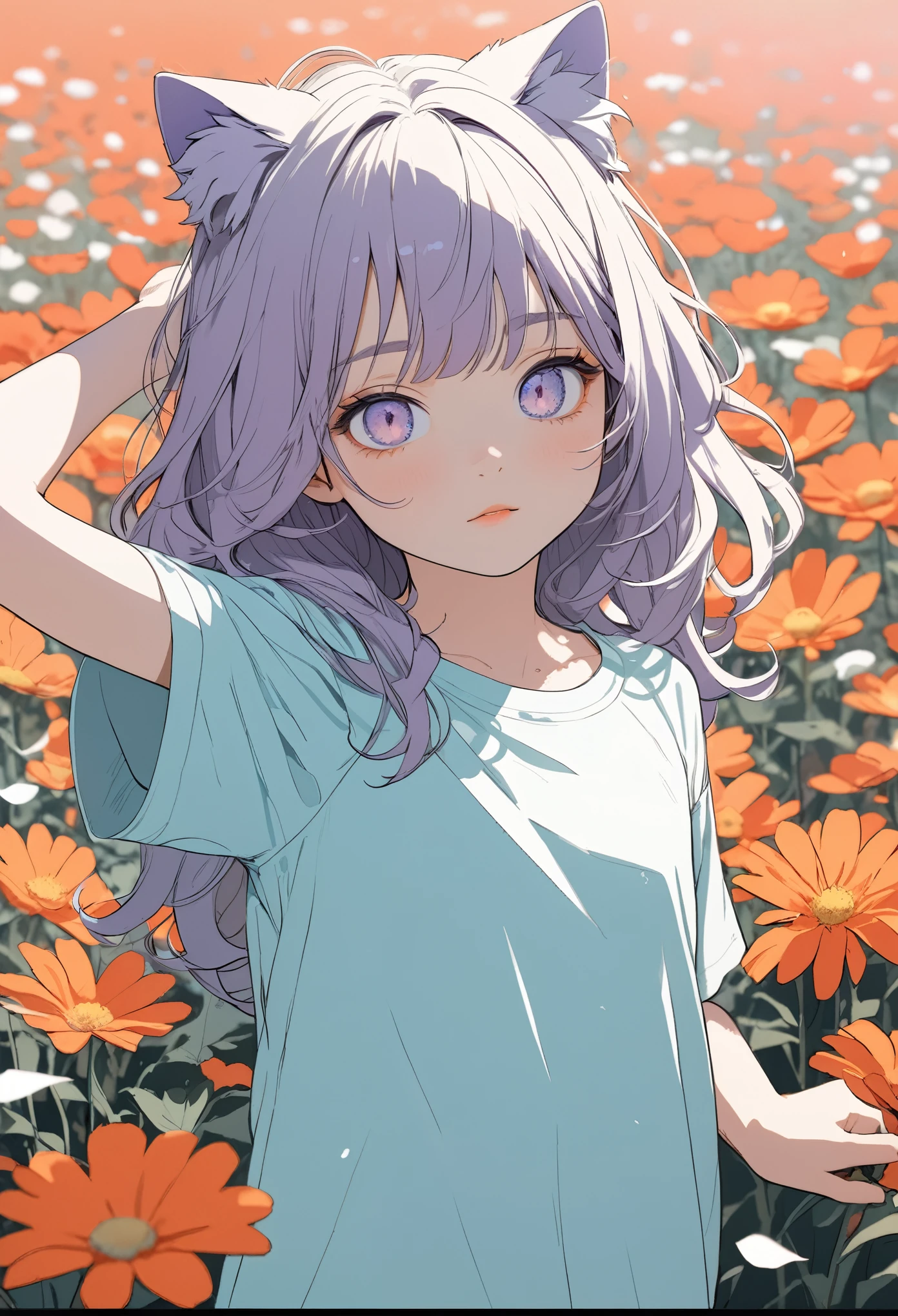 ((Masterpiece)), ((best quality)), (flat color), (flat shading), (super detail:1.2), (High Definition:1.3), ((extremely detailed)), (8K), (Professional Photography:1.2), (very aesthetic:1.2), (absurdres:1.2), (sharp focus), (perfect light), ((12 years old)), (1girl), cute young girl, Textured skin, loose blunt bangs, (messy medium hair), very lewd and blush, sparkle eyes, cute makeup, 8K, Beautiful photo, (Healthy body), (Slender body), arm up, (small chest), cat ears, pale purple hair, Cute teenage Beautiful Girl, ((Very loose chested T-shirt)), (Beautiful colorful flower fields), petals,