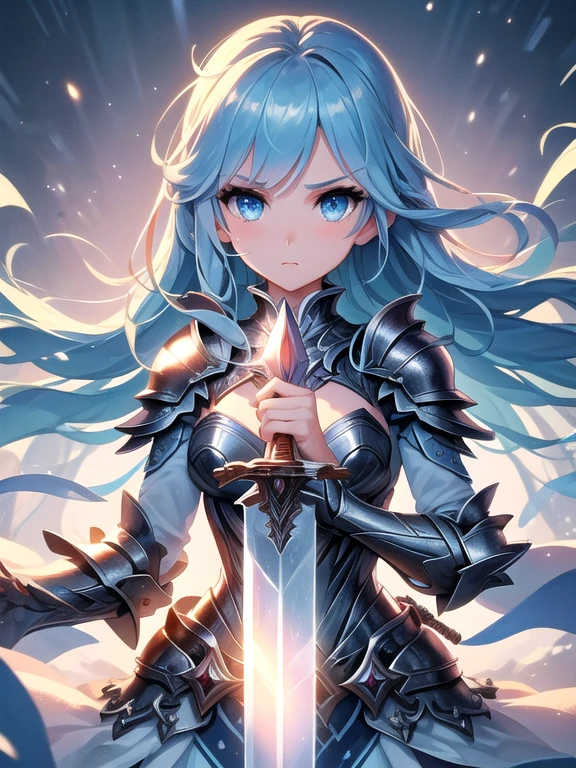 One girl, (sword up:1.3), (ice sword), Ice Queen Armor, Frozen Aura, Ice Breath, Conjure up a snowstorm, Diamond dust, ice World, Long Hair, blue hair blue eyes, looking at the camera, Cowboy Shot, ((Highest quality)), ((masterpiece)), (detailed), Perfect Face, Perfect Arms, Perfect hands, Perfect Fingers, anime, Ultra-fine illustration,