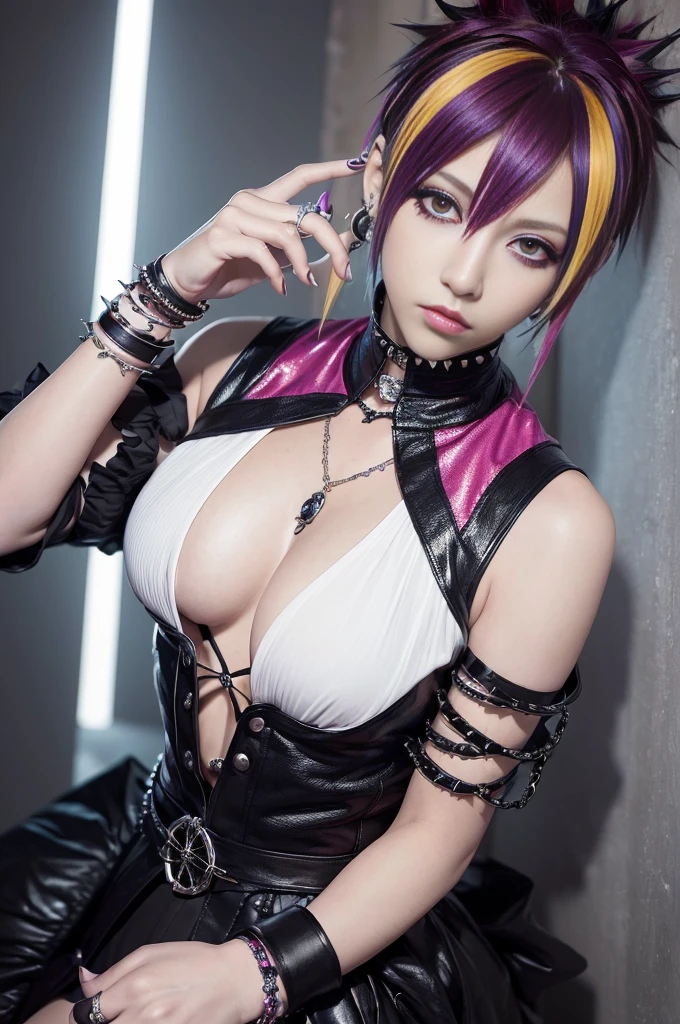 (masterpiece:1.4), (best quality:1.4), ultra high res, ultra high resolution, ((ultra detailed facial features)), HDR, (realistic, photorealistic, photo-realistic:1.37), (1 man), full body Esbian, ((sexy Japanese male)), (-anime), vivid colors, ((vivid colors multicolor (Visual Kei style spikes very short hair))), (happy smile), ultra detailed punk makeup, bold lipstick, long lashes, defined eyebrows, wearing large Visual Kei jewelery, wearing a Visual Kei cosplay, ((vivid Visual Kei outfit)), (layered clothing), choker, rings, bracelets, piercings, look at the camera, cinematic light, rockstar festival stage background with multicolor lights, sweet and sexy pose