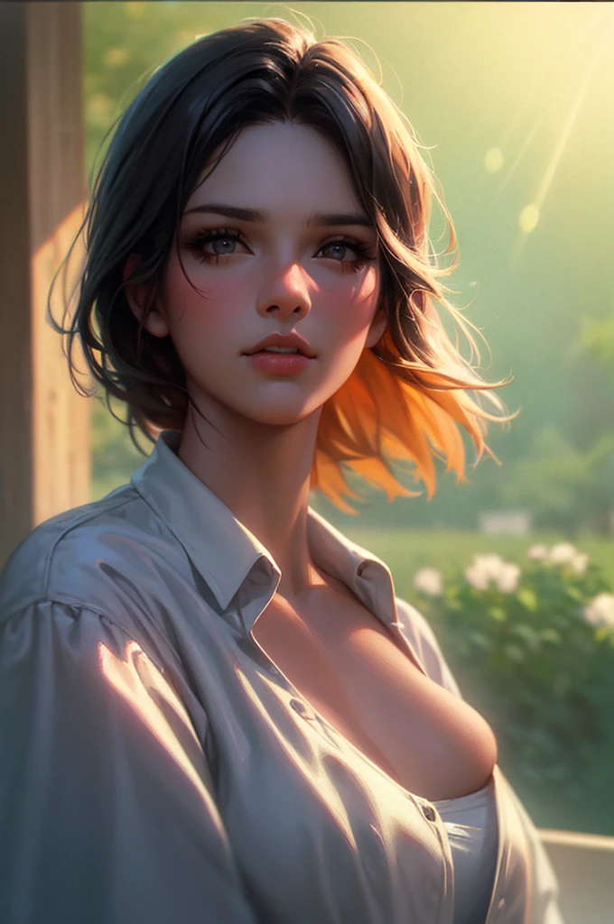 Portrait of a pretty woman in a bright and windy field, river, (Backlight), Realistic, masterpiece, Highest quality, Lens flare, shade, bloom, [[chromatic aberration]], Jeremy Lipking, Antonio J.. Manzanado, Digital Painting, Style - Glass Final, Natural skin texture