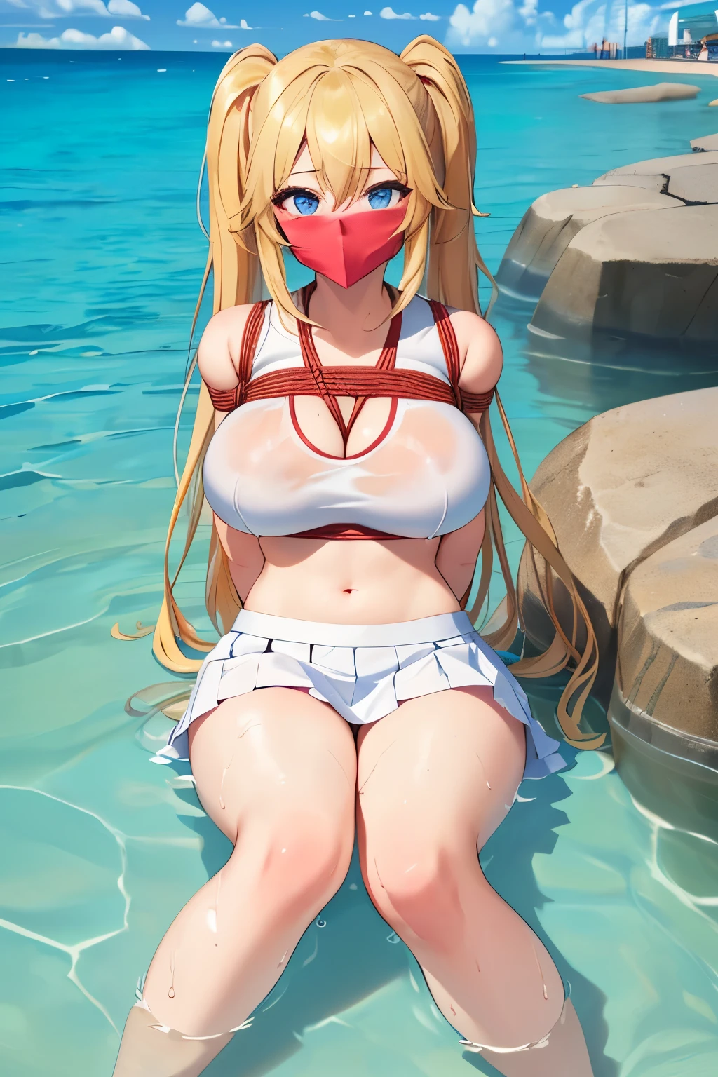 1 girls, (detailed light blue eyes, lange wimpern, detailed beautiful face:1.1), 4k quality, twintails, Haare Seiten nach oben, (Long blonde hair:1.4), (arms behind back:1.3), (big breasts:1.5), Red rope, (blushing:1.3), erina nakiri, long hair, hair between eyes, (white skirt, White underwear, white crop top with a big cutout, 18 years old:1.4), (bondage:1.3), erhobene Augenbrauen, pralle Brüste, OTN, White Gag, gagged, (laying in water:1.5), wet, (near a Public beach with many people:1.5), Ankles and knees together, Ankles and knees bound together with rope
