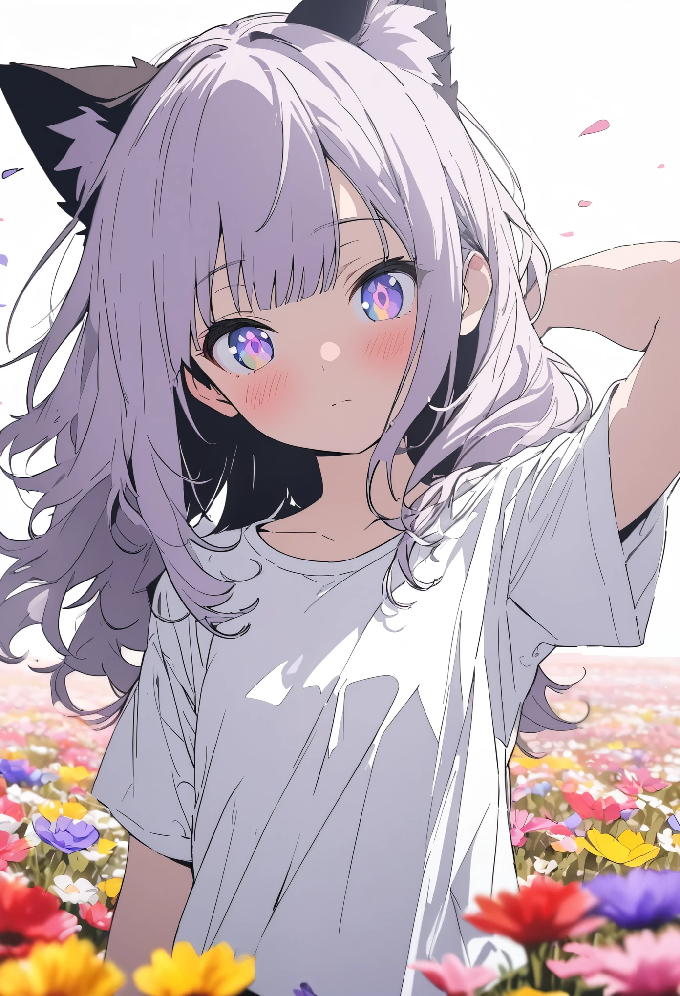 ((Masterpiece)), ((best quality)), (flat color), (flat shading), (super detail:1.2), (High Definition:1.3), ((extremely detailed)), (8K), (Professional Photography:1.2), (very aesthetic:1.2), (absurdres:1.2), (sharp focus), (perfect light), ((12 years old)), (1girl), cute young girl, Textured skin, loose blunt bangs, (messy medium hair), very lewd and blush, sparkle eyes, cute makeup, 8K, Beautiful photo, (Healthy body), (Slender body), arm up, (small chest), cat ears, pale purple hair, Cute teenage Beautiful Girl, ((Very loose chested T-shirt)), (Beautiful colorful flower fields), petals,