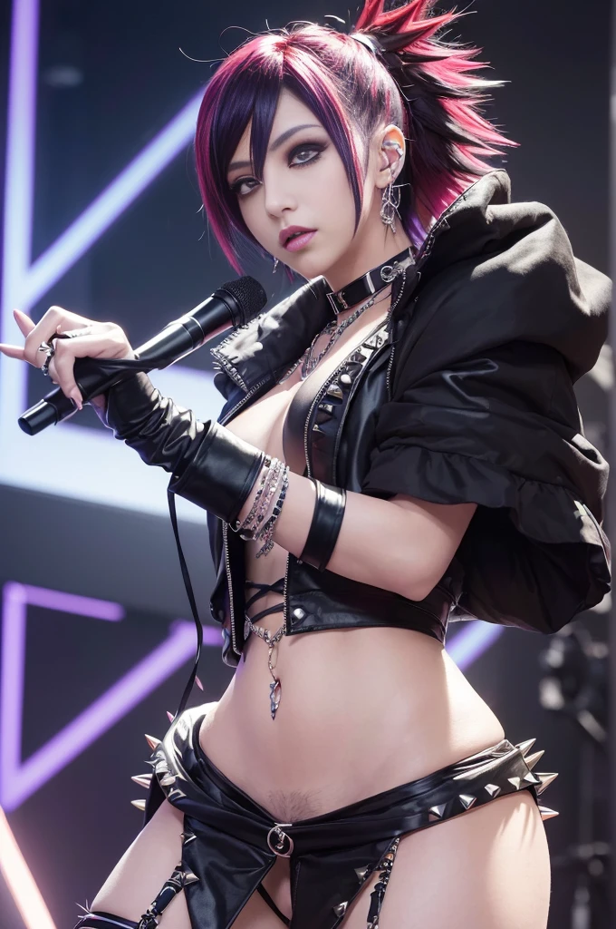 (masterpiece:1.4), (best quality:1.4), ultra high res, ultra high resolution, ((ultra detailed facial features)), HDR, (realistic, photorealistic, photo-realistic:1.37), (1 man), full body Esbian, ((sexy Japanese male)), (-anime), vivid colors, ((vivid colors multicolor (Visual Kei style spikes very short hair))), (happy smile), ultra detailed punk makeup, bold lipstick, long lashes, defined eyebrows, wearing large Visual Kei jewelery, wearing a Visual Kei cosplay, ((vivid Visual Kei outfit)), (layered clothing), choker, rings, bracelets, piercings, look at the camera, cinematic light, rockstar festival stage background with multicolor lights, sweet and sexy pose