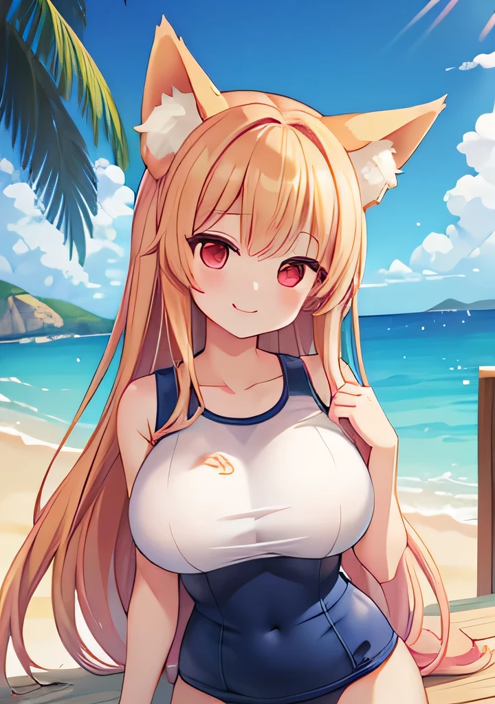 Highest quality、Big Breasts、School Swimsuit、Fox ears、Red Eye、Long blonde、smile、Ocean