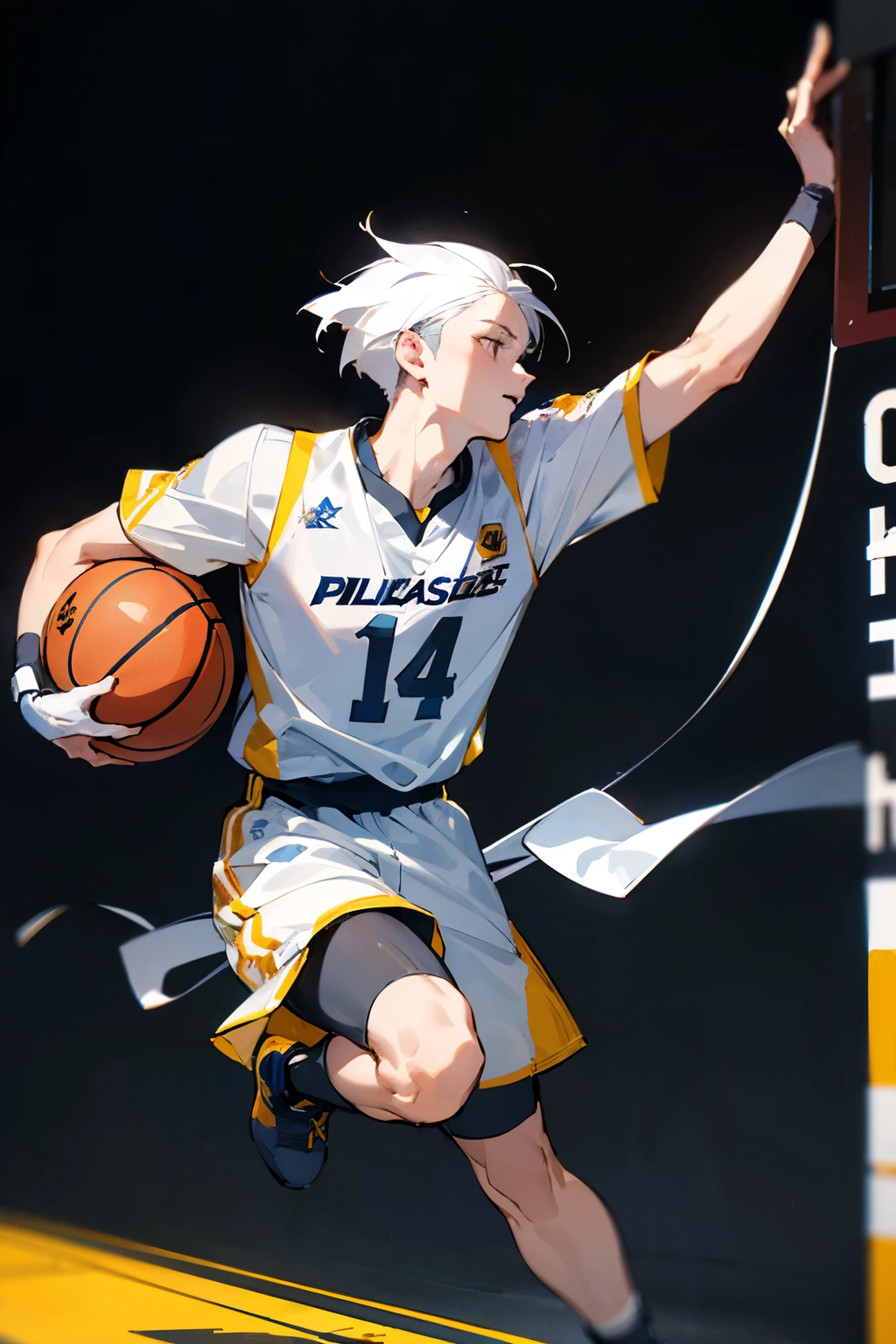 ((best quality)), ((Masterpiece)), (details), Men's basketball player / white hair / honey skin / Shirt number 14 / Dominate the basketball with determination and run to score. / black background /Bright tones /  He stands out /Height 164