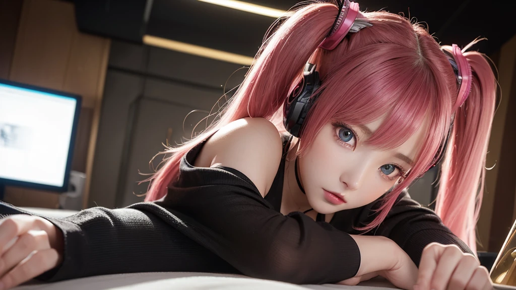 masterpiece, 1 beautiful girl, solo shot,Detailed eye, Swollen eyes, top-quality, 超A high resolution, (reality: 1.4), Movie Lighting, japanes, a asian beauty, very extremely beautiful, Beautiful skins, A slender, Forward-facing body, gazing at viewer、(A hyper-realistic), (hight resolution), (8k), (ighly detailed), ( Best Illustration), (beautifully detailed eyes), (Ultra-detail), Detailed face, Bright lighting, Professional Lighting、The background is a cyberpunk room with many monitors..、Hair color is pink twin tails、、headset on head、Moles under the eyes、Plump and glossy lips、Heart-shaped choker、Female Game Commentator, Close eyes