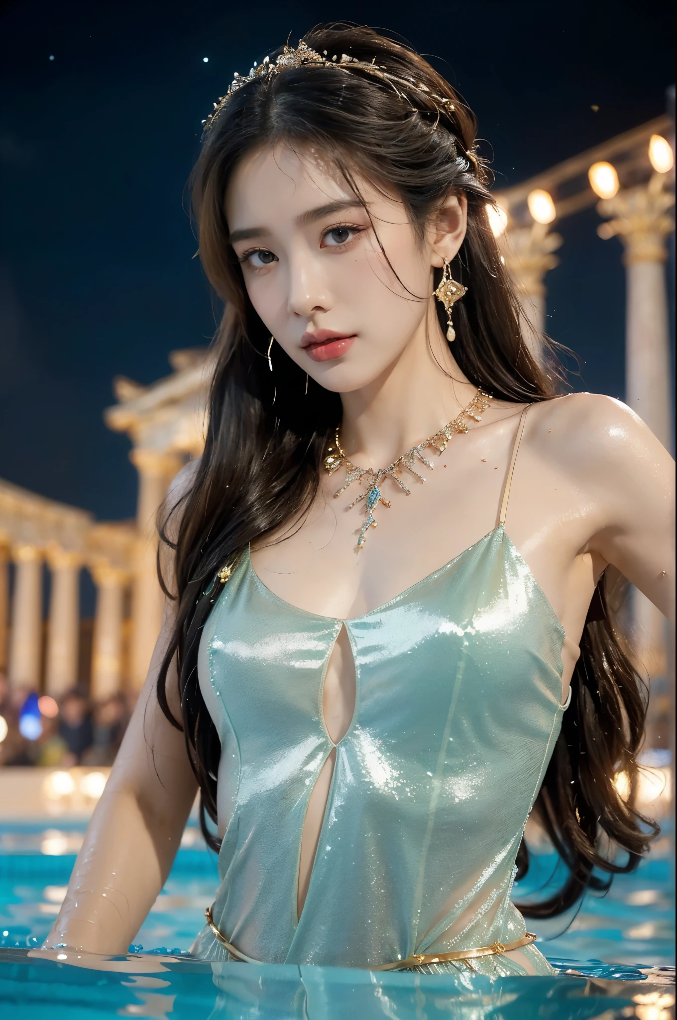 (((best quality))),(((ultra detailed))),(((masterpiece))),illustration,((1 beautiful girl,ancient greek princess,solo)),((earrings,crystal necklace)),(((sweat,wet,shiny skin))),((slim,thin)),((small breasts,flat chest)),(Gorgeous sheer dress:1.3),(slender legs:1.2),(((luxurious pool,grand temple,starry night sky))),summer,radiant complexion,(shoulder length straight hair:1.2),graceful,intricate patterns,embellishments,shimmering fabric,rainbow colors,gentle waves,fragrant oils,lush plants,elegant columns,serene ambiance,(surrounded by crowded crowds of attendants:1.3),ritual of cleansing,opulence,tranquility,solitude,busy life,timeless,enchanting image,essence of ancient greece,((from front,upper body))