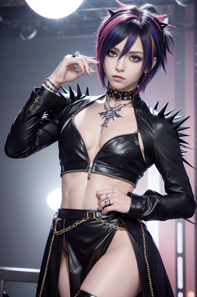 (masterpiece:1.4), (best quality:1.4), ultra high res, ultra high resolution, ((ultra detailed facial features)), HDR, (realistic, photorealistic, photo-realistic:1.37), (1 man), full body Esbian, ((sexy Japanese male)), (-anime), vivid colors, ((vivid colors multicolor (Visual Kei style spikes very short hair))), (big smile), ultra detailed glam rock makeup, bold lipstick, long lashes, defined eyebrows, wearing large Visual Kei jewelery, wearing a Visual Kei cosplay, ((vivid Visual Kei outfit)), (layered clothing), choker, rings, bracelets, piercings, look at the camera, cinematic light, rockstar festival stage background with multicolor lights, sweet and sexy pose