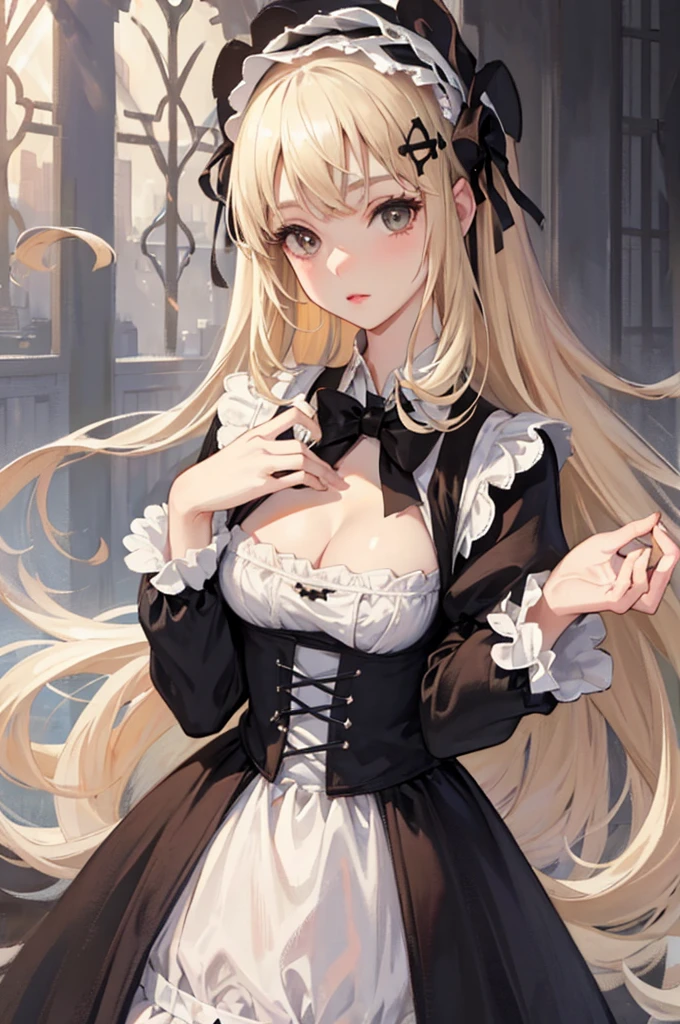 ((Tabletop)), high quality,Focus on people,( Realistic:1.2),Very detailed, Blonde + White clothes: 1.2,(Gothic Lolita:1.3), A kind and sensitive girl, Hmph, Lolita, Delicate facial features, Perfect figure, Pearl-decorated face, Surrounding bubbles, Bright bright colors, Romantic long hair, Natural light, Warm and sweet, Brown eyes, Gorgeous hair ornament.Fluffy mini skirt,Cleavage,Wide open chest,Thighs,