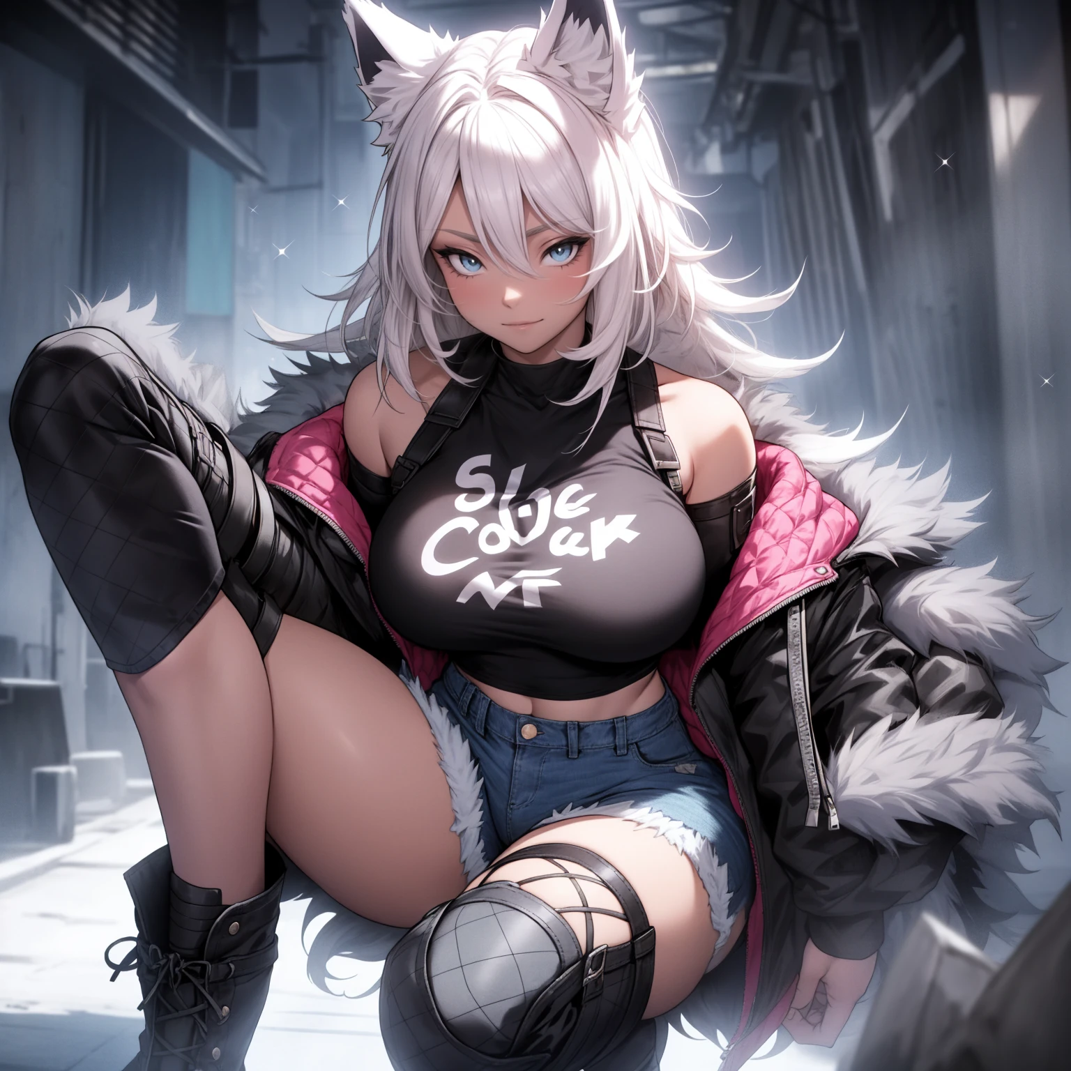 Single girl, Anime girl, Short, Long white hair, wolf ears, wolf tail, blue eyes, wearing short denim shorts, thigh high fishnets, black combat boots, wearing fur lined open pink jacket, flat chest, big breasts, wearing cropped t-shirt, solo, alone, (SOLO)(ALONE) thicc thighs, wide hips, blue eyes, perfect eyes, perfect face, pouty lips, happy, curvy, sparkly blue eyes
