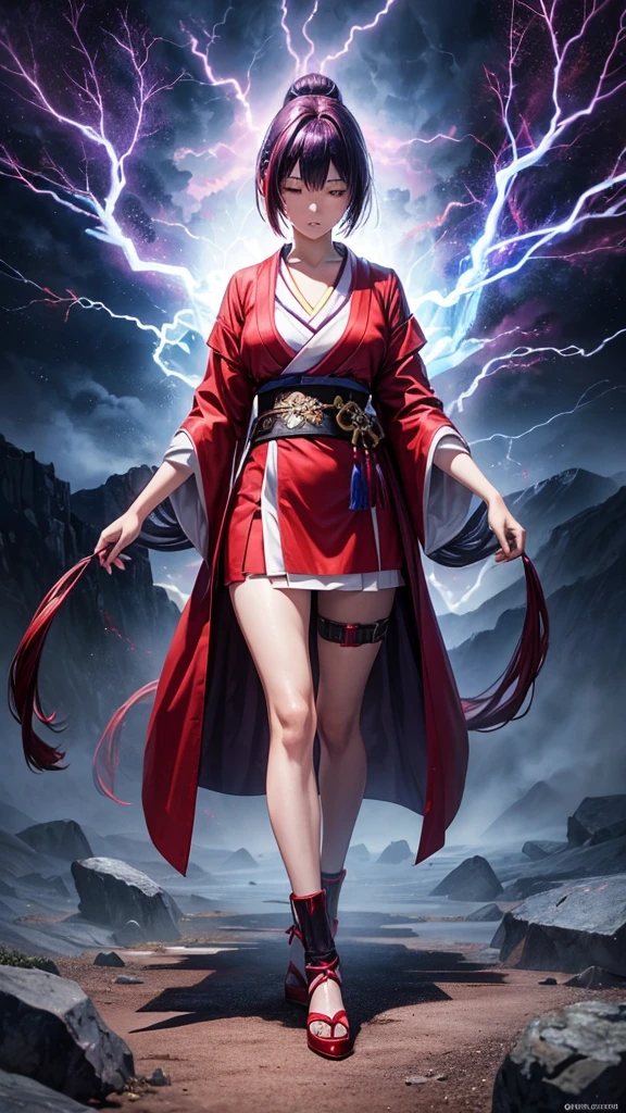 realistic image of japanese girl with short  purple hair and long pony covered her eyes,  wearing short red dressed, red high heels, her  hands cast a blue spell of thunder, blue auras  come out from her, dark and mist background,  8k, ultra hd 
