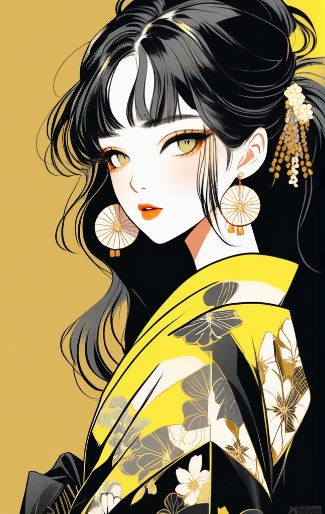 (best quality, sketch:1.2),realistic,illustrator,anime,1 girl, detailed lips, kimono,custom, black and gold gradient background,neon hair,textured cropping, masterpiece, style retro classic, noir style 