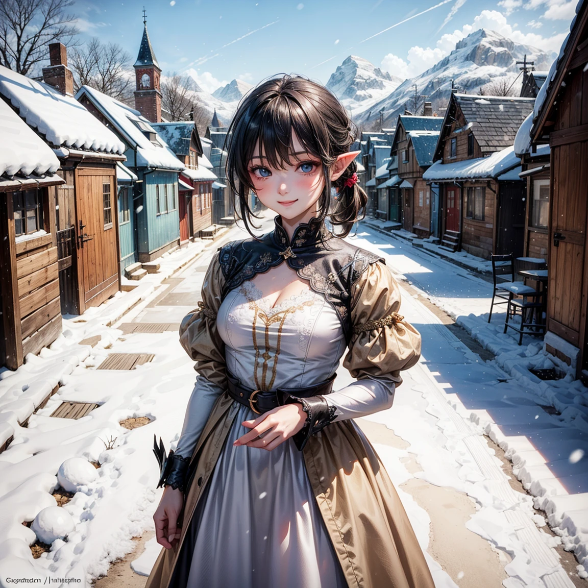 (High Detail:1.2) Anime girl, (Best quality, Detailed), Top quality, high resolution, perfect human structure, ((, child)), 1girl, (solo), elf, little, black hair, short ponytail hair, (light blue eyes), smile, blushing, gravelly:1.3, dark:1.2, fair skin, long beige dress, beige dress, beautiful, small breasts, intense look, dynamic pose, ((medieval snow town behind)), (8k, vibrant colors, digital art, concept art)