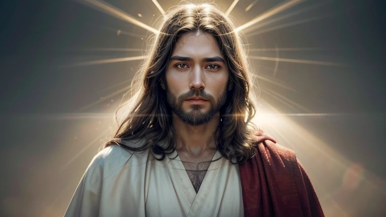 "create an image of Jesus Christ in high definition. Jesus must be portrayed in a calm and compassionate way, with characteristics that exalt his divinity and humanity. He must be wearing a white tunic with a red cloak, symbolizing purity and sacrifice. Your eyes should reflect love and wisdom, and your face must express peace and serenity. Add a golden halo around your head, highlighting his holiness.

The background should be smooth and ethereal, with a golden light shining behind him, creating a divine aura. Include details like rays of light emanating from Jesus, symbolizing his divinity and power. Image style should be realistic, with attention to facial and textural details to convey the depth and complexity of your expression. The image must have vibrant colors and balanced contrasts to highlight Jesus in a majestic and inspiring way."