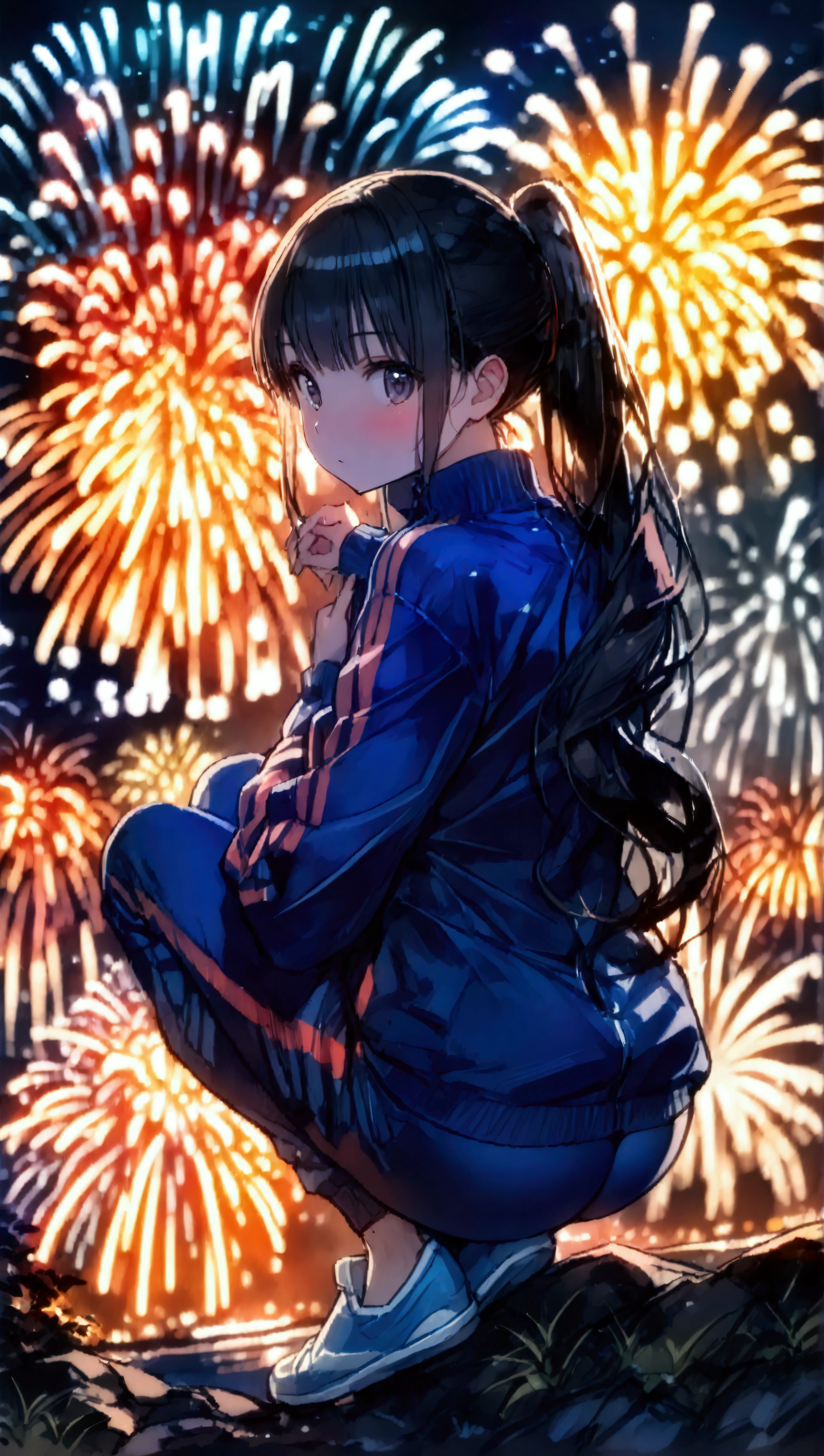 masterpiece, Highest quality, Ultra-high resolution, (beautiful girl: 1.3), Low ponytail、Black Hair、Looks about 、 (Blue sweatpants: 1.3), (Blue Track Jacket: 1.3), Rear View、big, Round and shapely ass、night、Riverbank、(Look at the beautiful shape of her butt, Very big and round),(((Background fireworks))),(((knees up))),