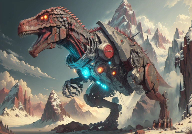 ((best quality)), ((masterpiece)), (detailed), absurdres, ultra high res, Mech4nim4lAI [t-rex :robot:.2 : cyborg:.2], red colour,  with mountain background