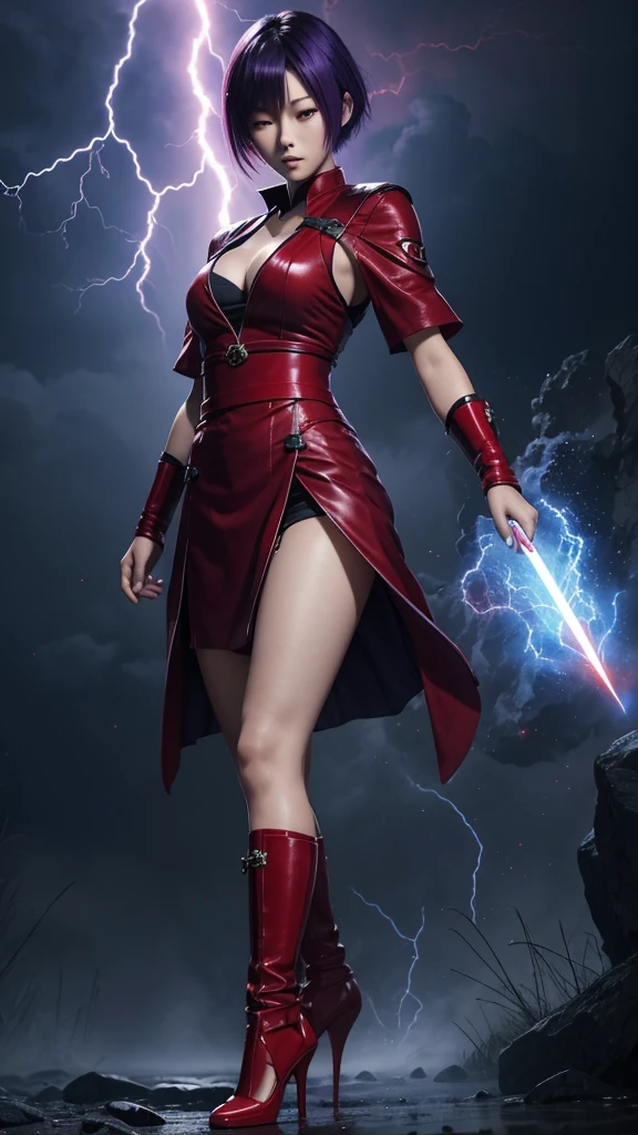 realistic image of japanese girl with short purple hair and long pony covered her eyes, wearing short red dressed, red high heels, her hands cast a blue spell of thunder, blue auras come out from her, dark and mist background, 8k, ultra hd