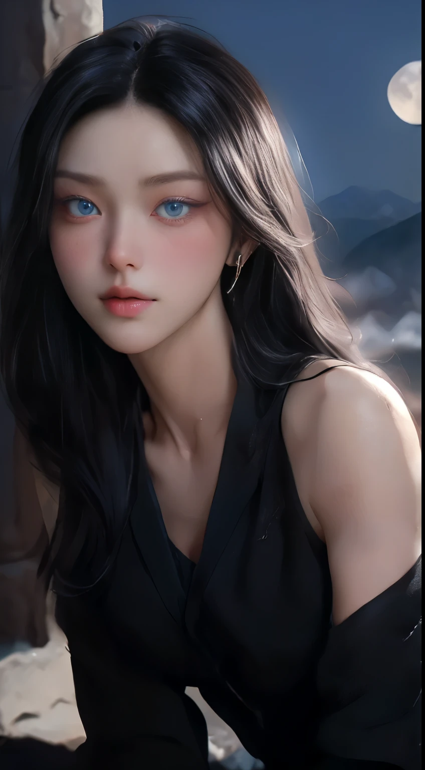 8k, top quality, intricate details, ultra detail, ultra high resolution, masterpiece, random angle, slim, laugh, (assembly: 0.4), (푹신한 blue eyes: 1.21), blue eyes, looking again, ((whole body)), 1 woman, alone, 1 girl, (( whole body)), close up shot, , ((키가 big)), (((fit your body))), (((slim 얼굴))), sharp face, piercer, (((black hair, long hair, )) (detailed face), sharp face, small lips,
(()), detailed face, Detailed breasts, , big 가슴, detail butt, round ass , slim 복근이 강조된 아름다운 소녀: 1.4, six pack abs: 1.4, Botox for chest, big, perfect body, Detail legs, (( moon)), mountain top