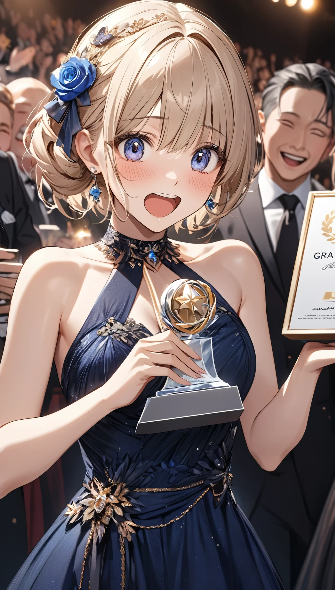 Tears of joy, (Fancy Evening Dresses), (Surprised by the award, gratitude, Joyの渦:1.5), Background is the stage, doaxvv_Marie Rose, 1girl, black choker, uhd, retina, masterpiece, ccurate, anatomically correct, textured skin, super detail, high details, high quality, best quality, highres, 4K, Oscar, audience, Joy, great joy, hug
