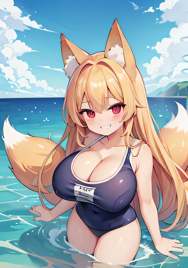 8k、Highest quality、high resolution、Big Breasts、Cleavage、School Swimsuit、Fox ears、Long blonde、Red Eye、Ocean、Grinning