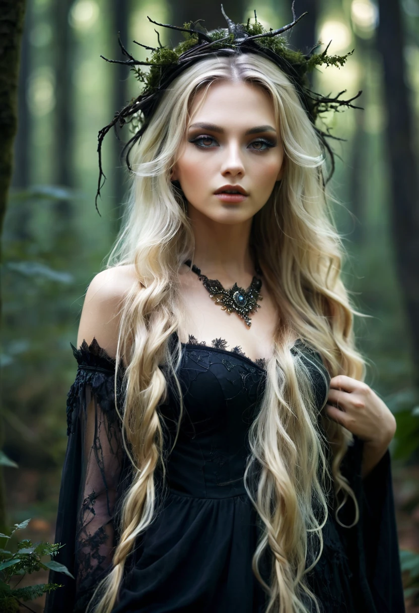 blonde with long hair in dark fantasy. very beautiful forest witch